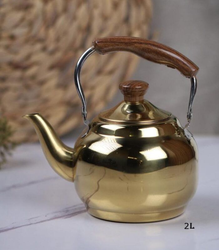 ابريق شاي ذهبي يد خشبي 2 لتر